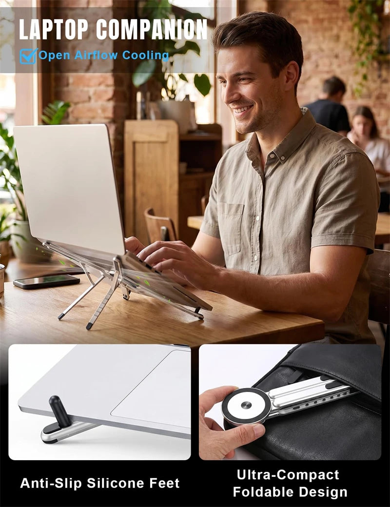 4 in 1 Foldable Laptop Stand Magnetic Phone Holder Aluminum Portable Desk Mount with Tripod Handle for Pro iPad Travel Vlogging