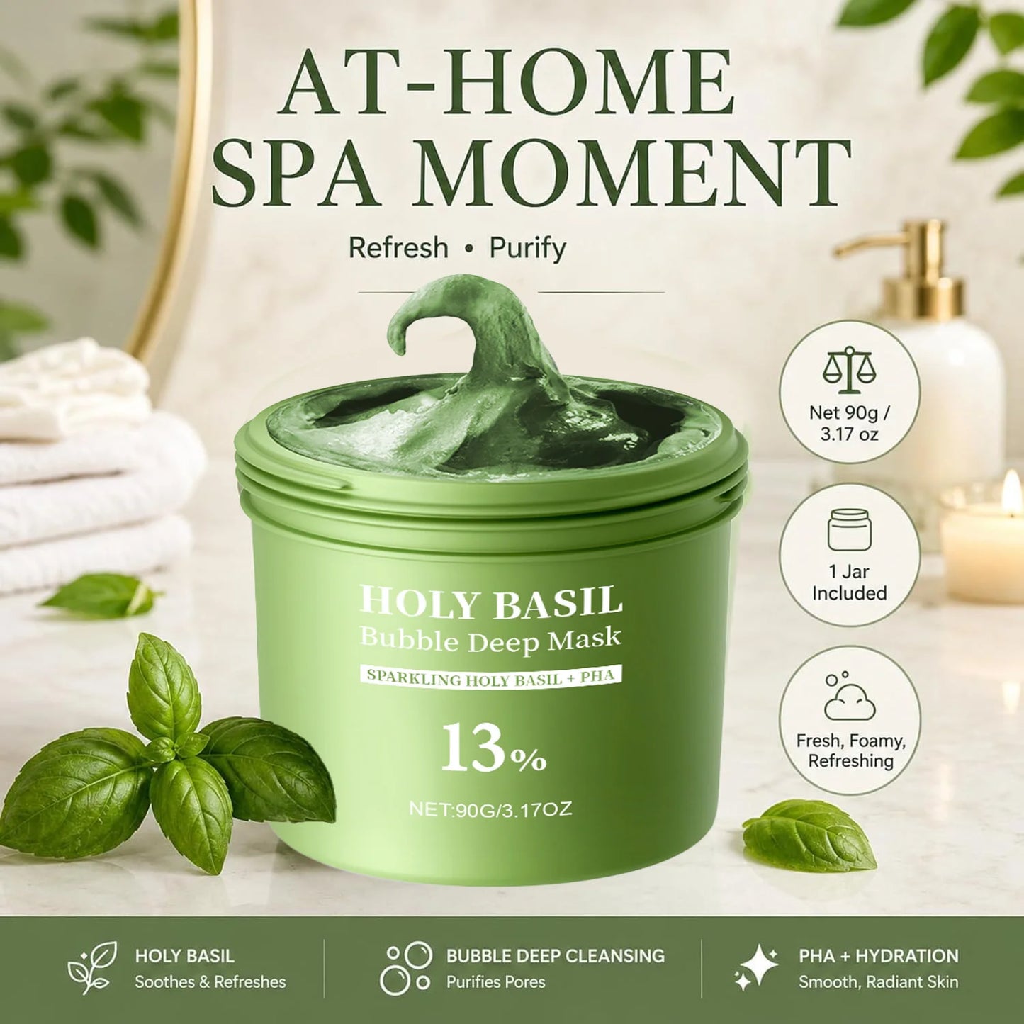 Holy Basil Bubble Deep Mask Clay-to-Foam Face Mask with PHA & Holy Basil Extract Gentle Cleansing & Hydrating Facial Mask 90g