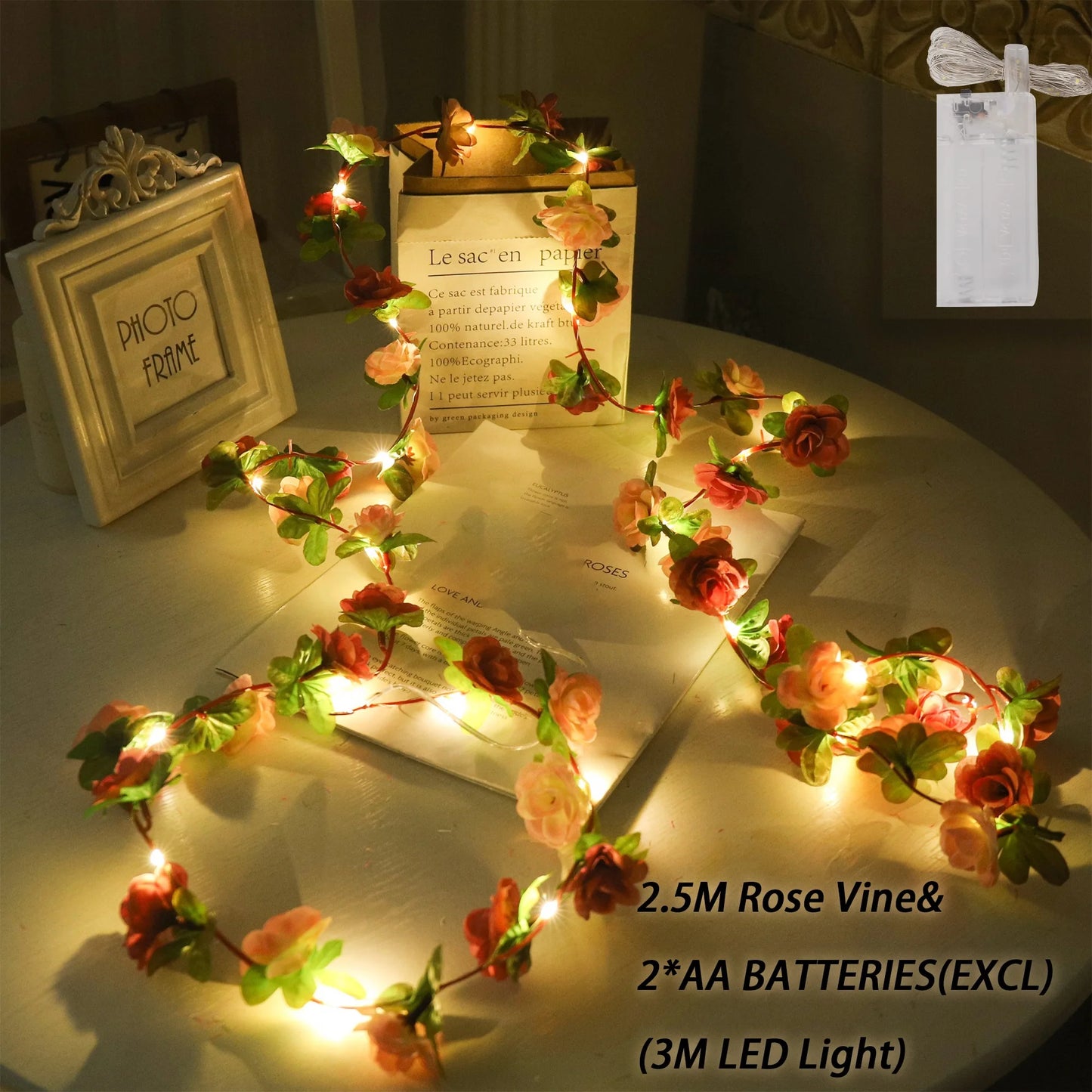 Rose LED Lights String Artificial Flowers Ivy Leaves Wedding Garland Home Room Decoration Arch Hanging Wall Garden Party Decor