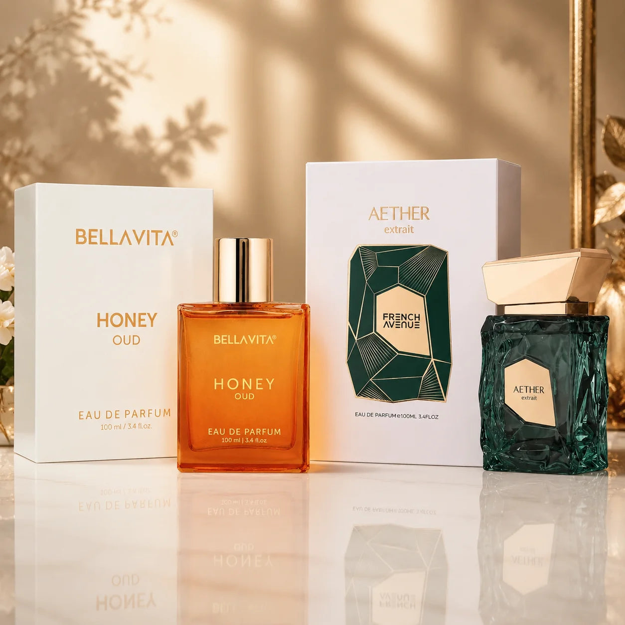 Bellavita Honey Oud & French Avenue Aether Extrait Eau De Parfum Set, Oriental Oud & Woody Aromatic Long Lasting Unisex Perfume Collection 100ml Each