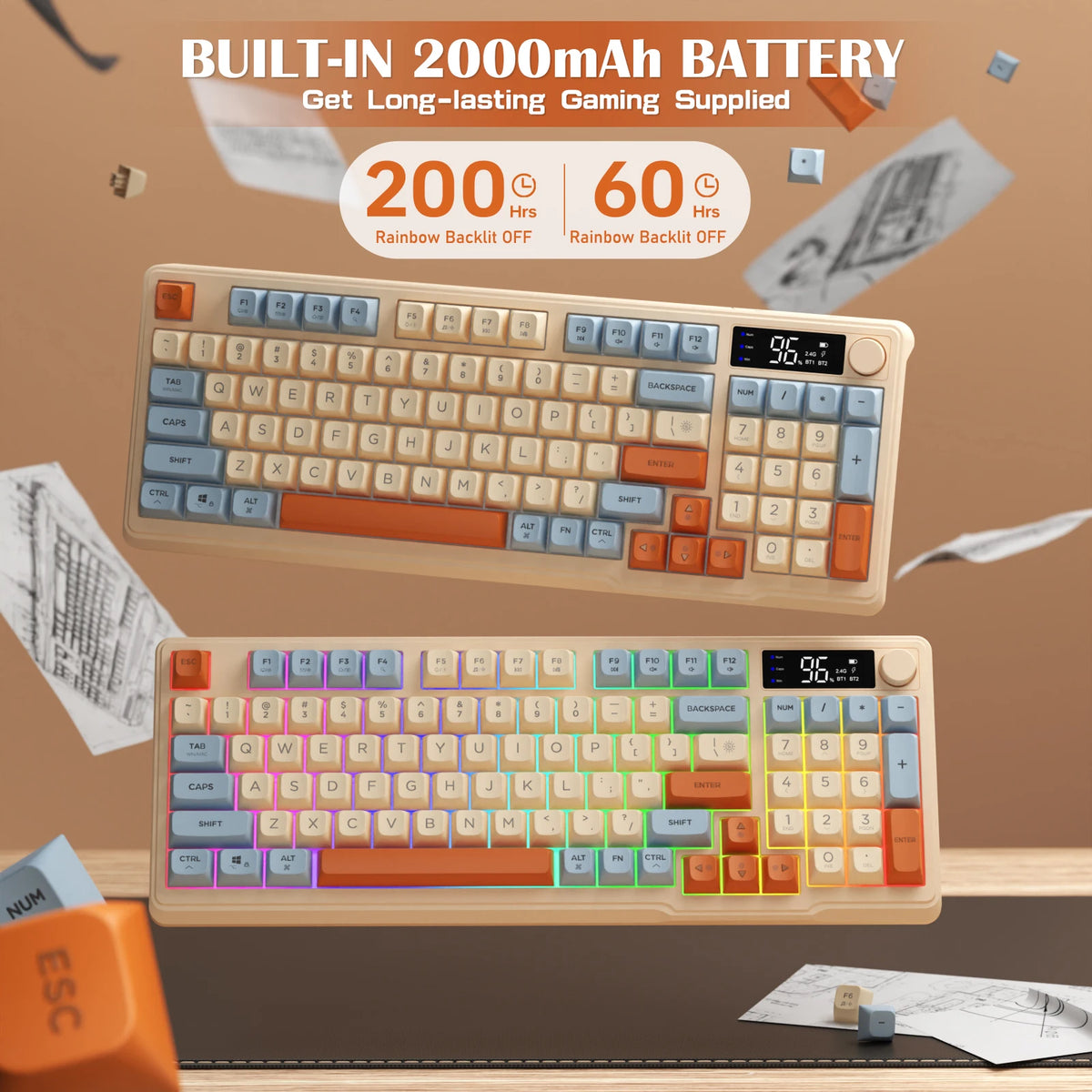 ZIYOU LANG Wireless Gaming Keyboard with Display Screen & Knob, Bluetooth/2.4GHz Quiet Membrane Keyboard, 3000mAh Rechargeable