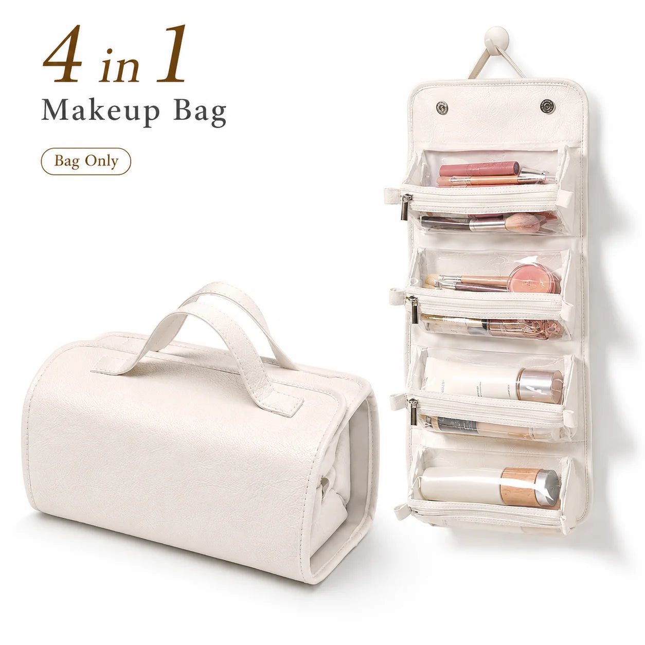 Travel Makeup Bag for Women on Business Trips, 4 Detachable Clear Pouches, Foldable Hanging Cosmetic Toiletry Organizer