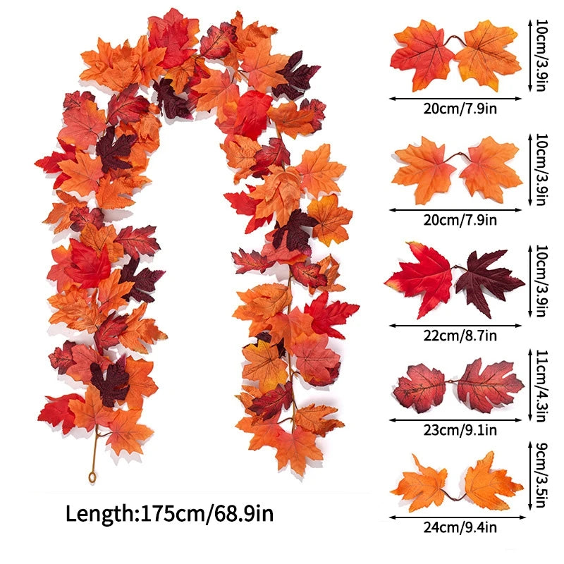 Artificial Maple Leaf Garland Rattan Fake Fallen Leaves Vine  Thanksgiving Halloween Wedding Festival Atmosphere Autumn Decor