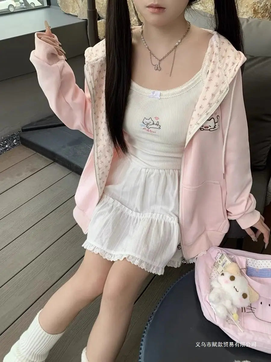 Thin Cat Pattern Floral Long Sleeve Zippered Hoodie Women's Spring and Summer Japanese Style Cute Open Cardigan Loose Top