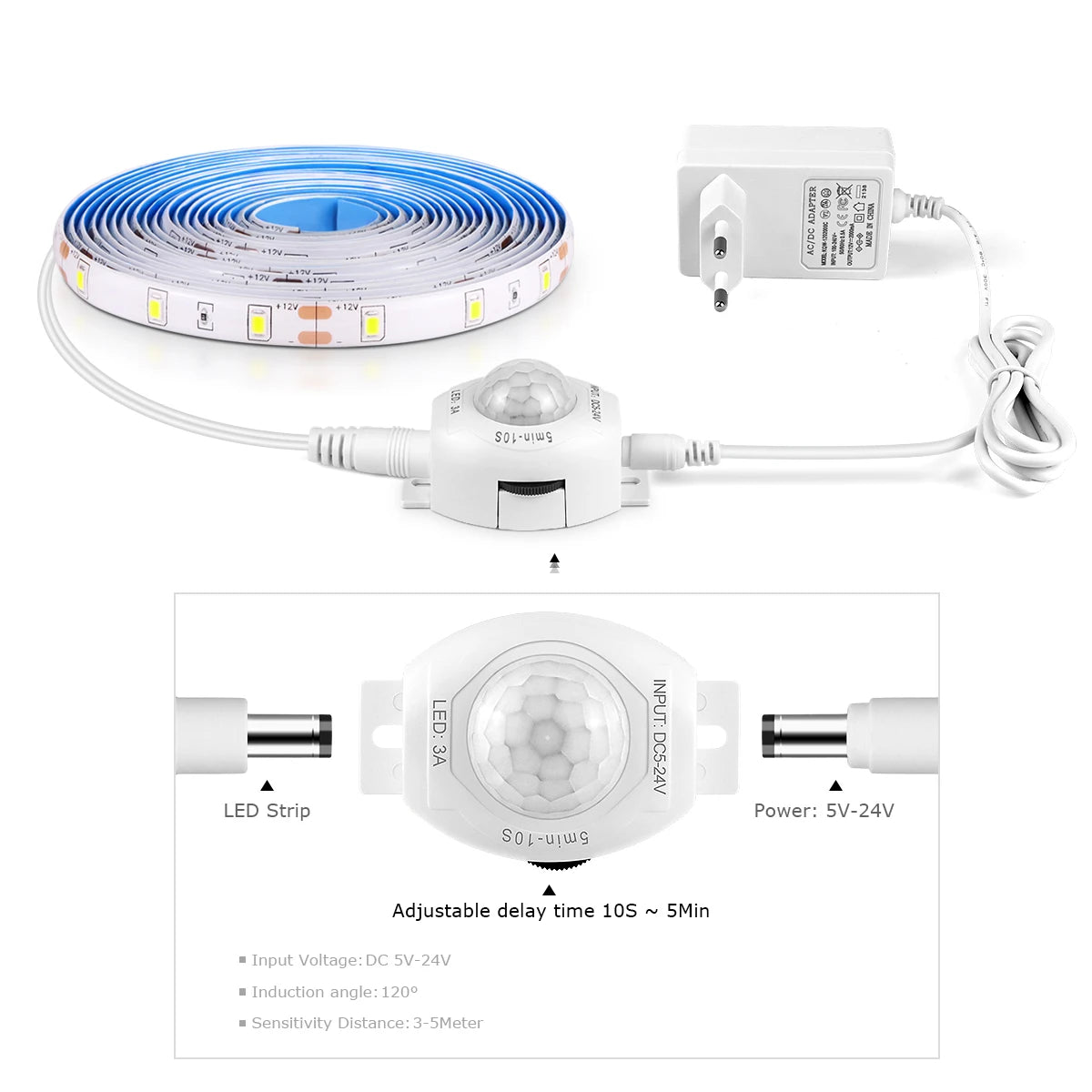 Waterproof 2835 LED Strip with 110V 220V to 12V EU US Power Adapter Plug PIR Motion Sensor Switch Ruban LED Under Cabinet Light