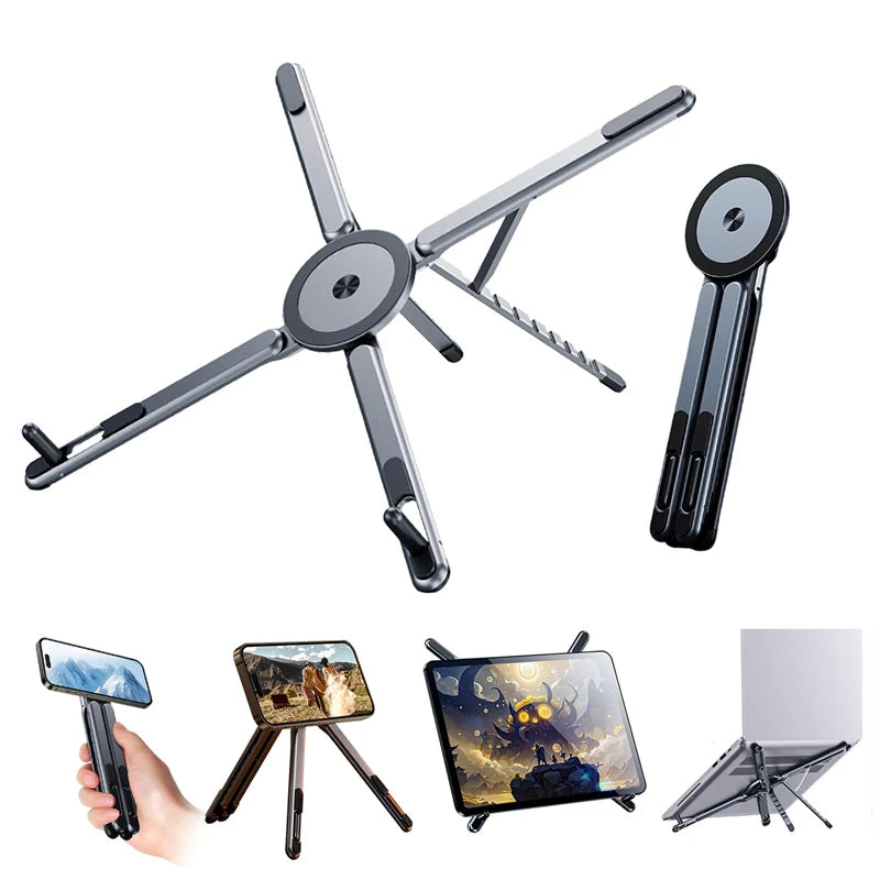 4 in 1 Foldable Laptop Stand Magnetic Phone Holder Aluminum Portable Desk Mount with Tripod Handle for Pro iPad Travel Vlogging