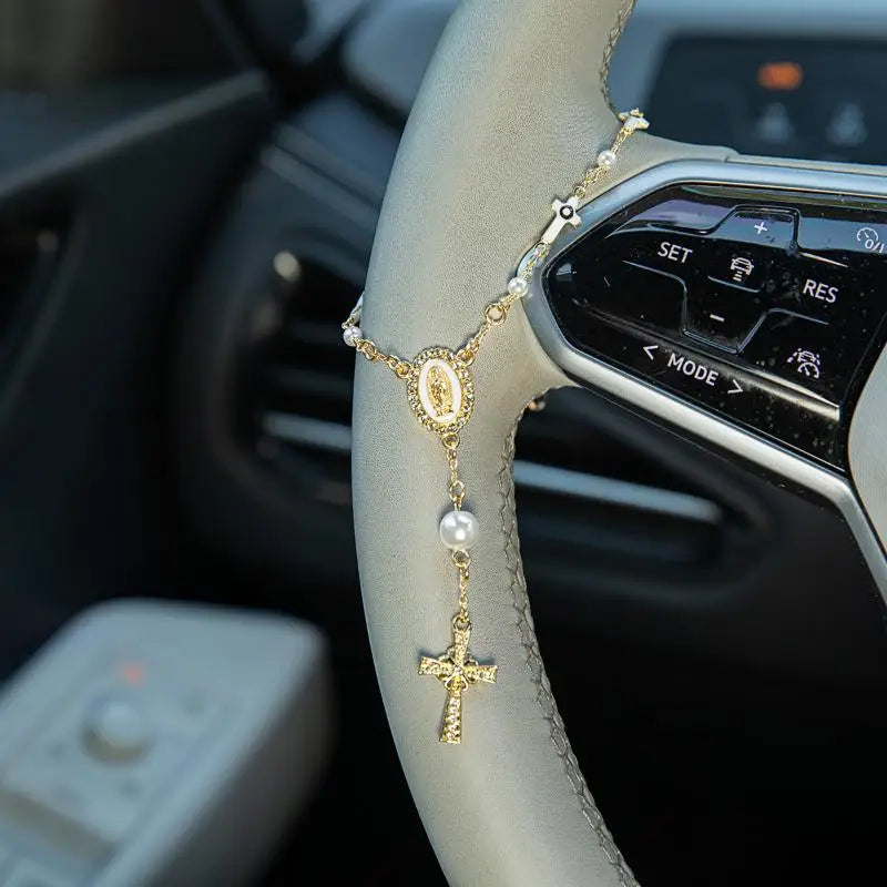Car Pendant Rosary Ornament  Cross Steering Wheel Beads Decorative Faith Accessory for Auto Rearview Mirror