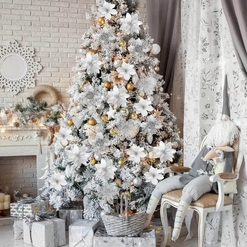 5Pcs Christmas Flowers Glitter Flowers Artificial Berry Christmas Tree Decorations Ornaments Xmas Party Wreath Floral Home Decor