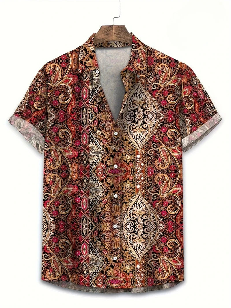 Hawaii Shirts for Men 3D Paisley Graphic Short-sleeved T-shirt Casual Lapel Buttons Male Tops Summer Oversized Bohemian Man Tees