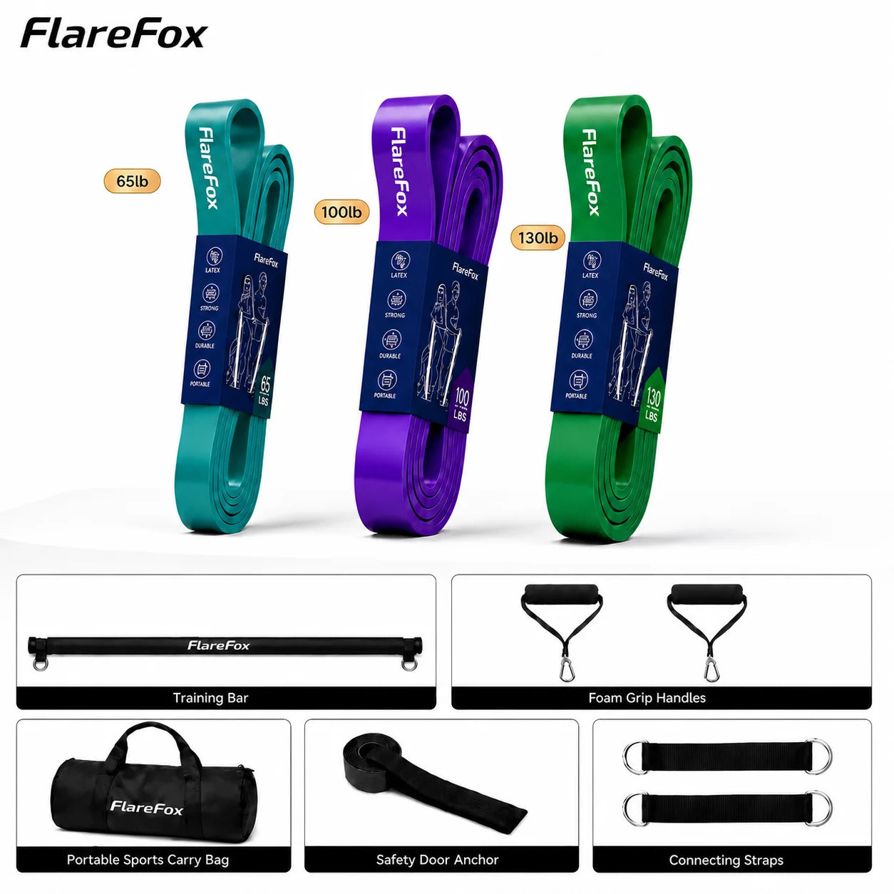 FlareFox Adjustable Multi Resistance Bands Push-pull Rod Pull-Up Assist Strap Strength Training Home Gym Equipment Workout Kit