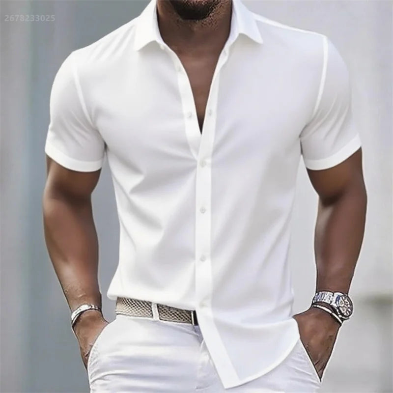 Solid color men's casual shirt, fashionable casual short sleeve stretch fabric, business formal shirt, comfortable fabric