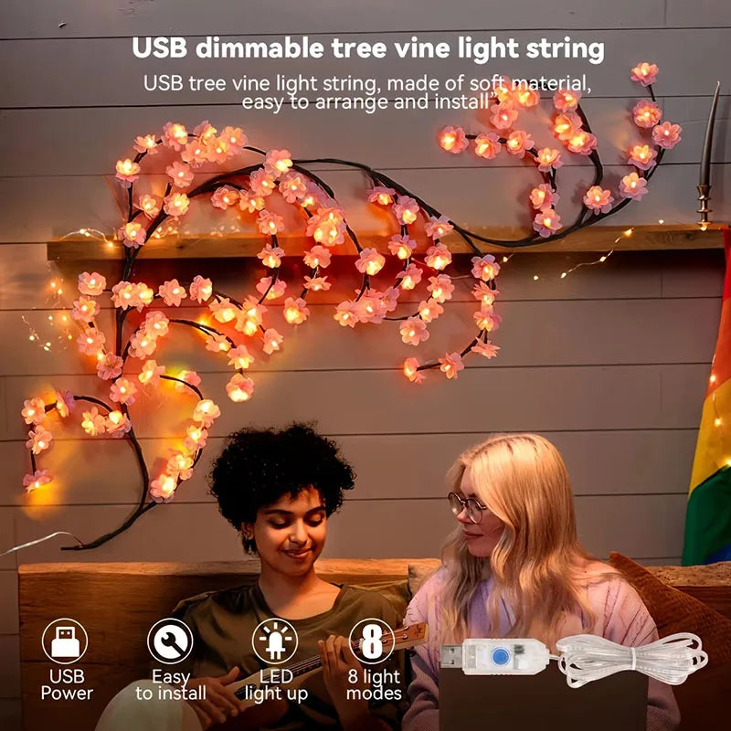 USB 5V 8 Modes Cherry Blossom String Light Artificial Flower Vines Fairy Lights for Bedroom Wedding Party Holiday Decoration