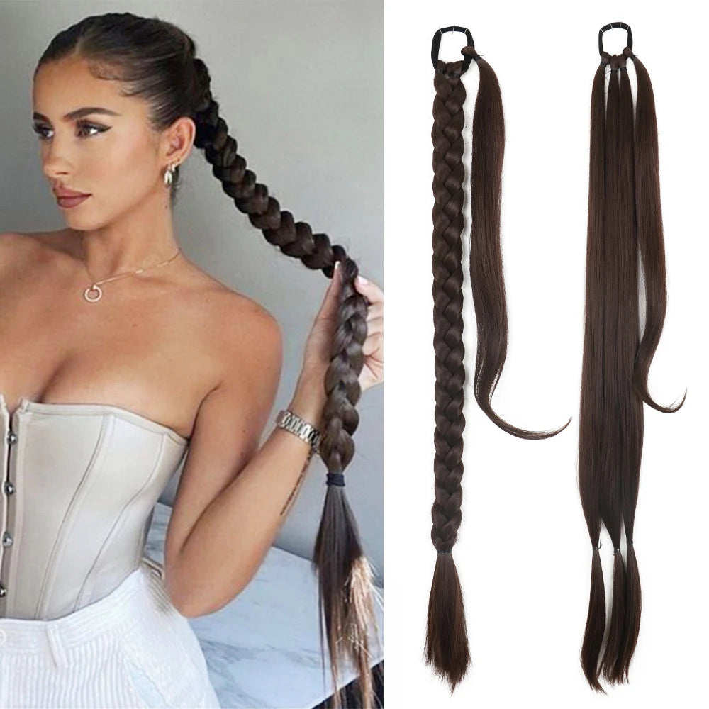 Synthetic Braided Ponytail Extensions Black Natural Hairpiece Long Pony Tail with Hair Tie Rubber Band Hair Blonde for Women