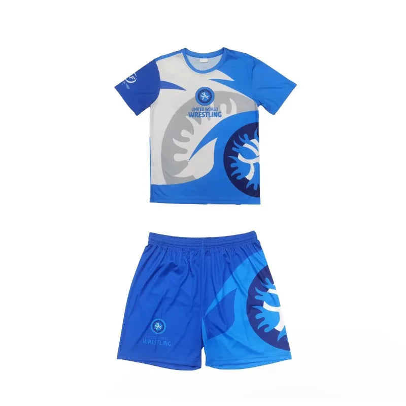 2026 New Men World Wrestling Team Sportswear Set Short Sleeve T Shirt and Shorts for Workout Lightweight Moisture Wicking
