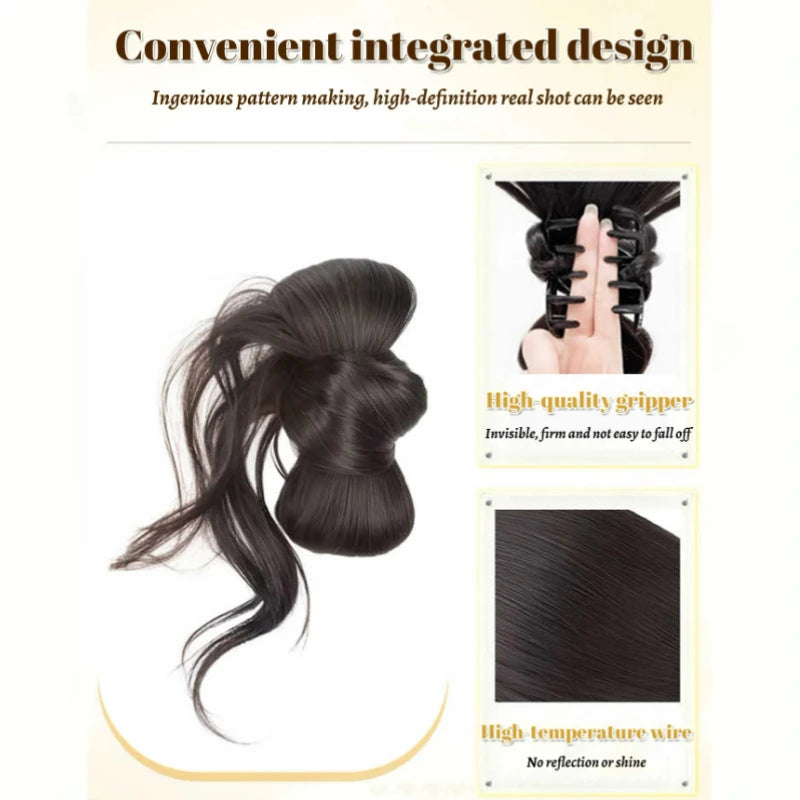 Low Side-Tie Synthetic Claw Clip Ponytail Hair Extensions With Elegant Lazy Style Dragon Beard Bun Hairpiece for Women Daily Use