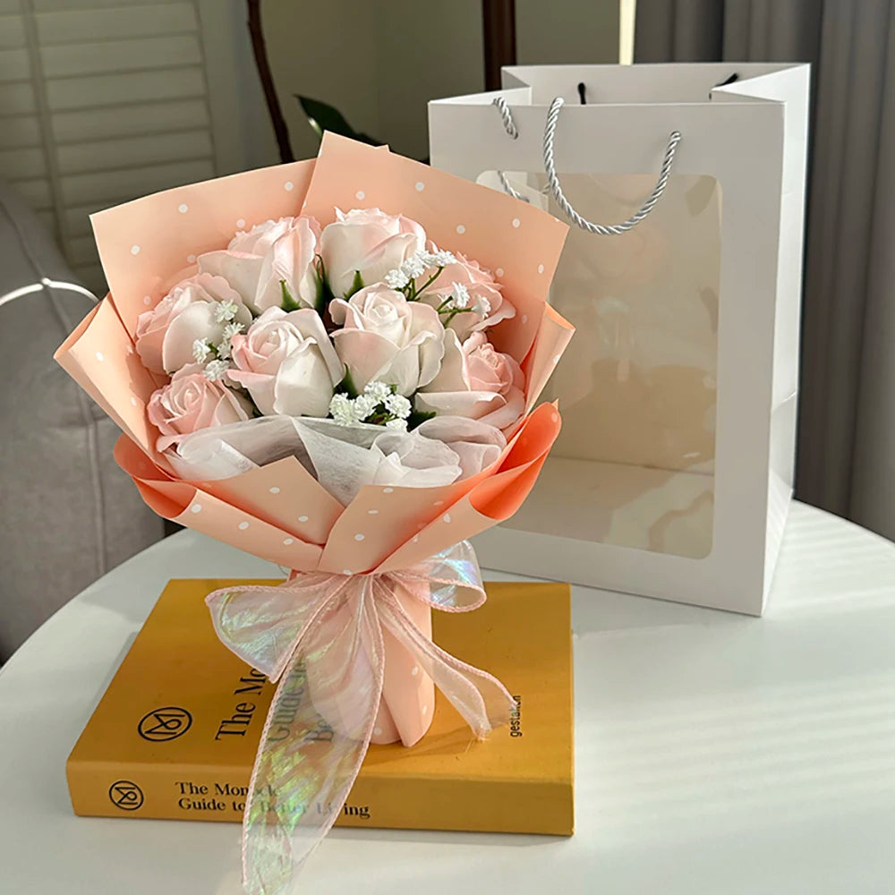8 Heads Artificial Flower Rose Soap Bouquet Point Rose Bouquets Christmas Gifts Valentine's Wedding Birthday Home DIY Decor Prop