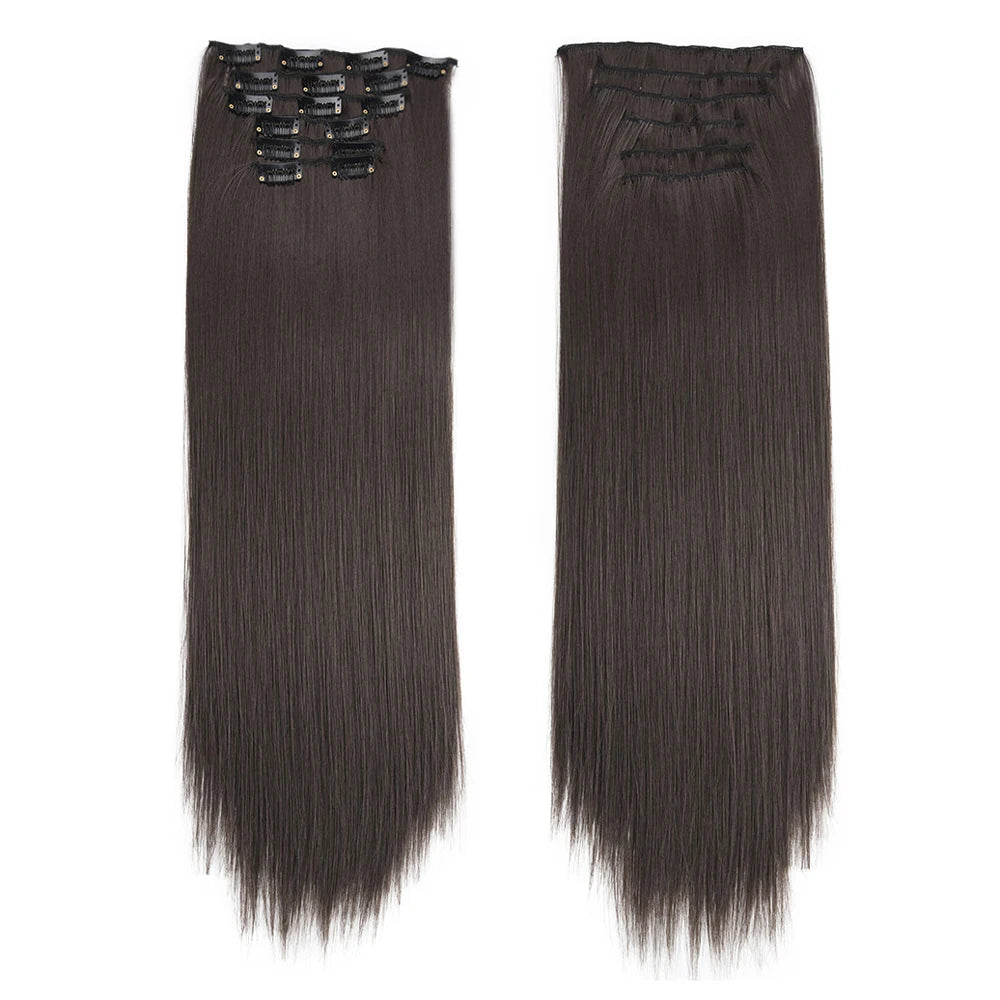 16 Clips in Hair Extensions 24Inchs Long Straight Hairstyle Synthetic Blonde Black Hairpieces Heat Resistant Fake Hair 6Pcs/Set