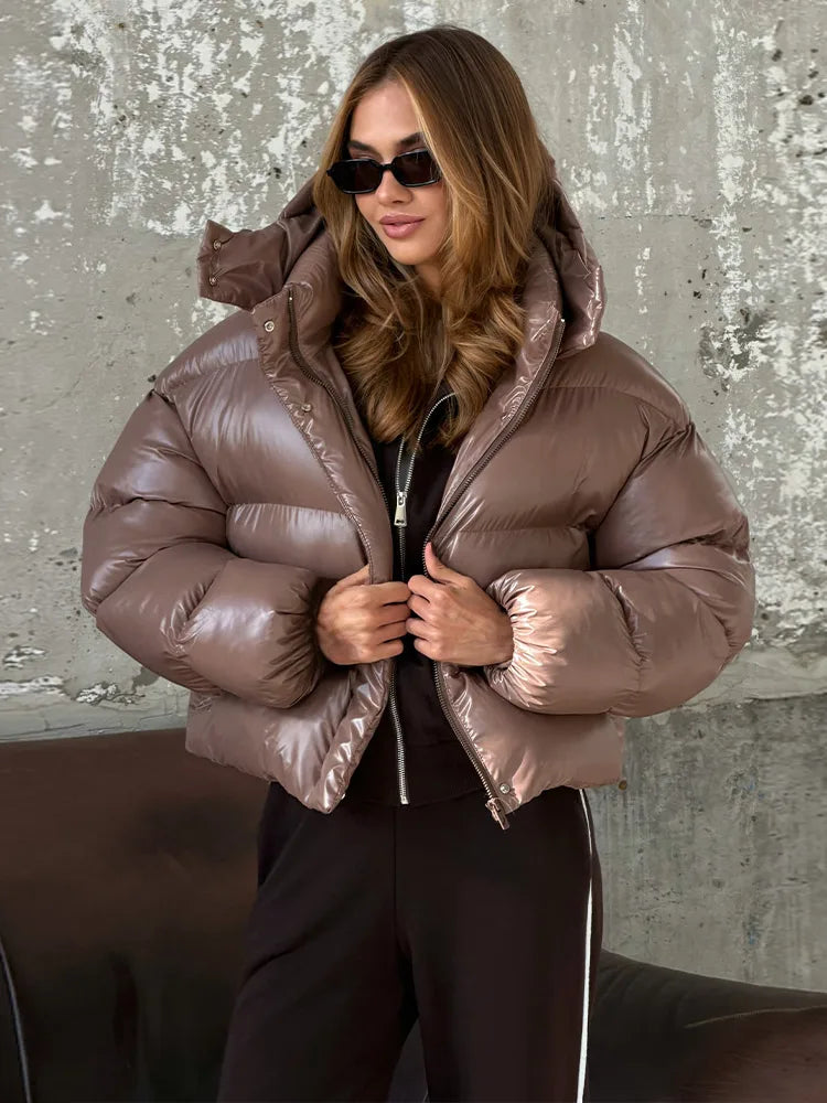 Women's Glossy Shiny Hooded Zip Cropped Puffer Jacket Oversized Loose Fit Long Sleeve Elastic Cuff Padded Warm Casual Winter Top