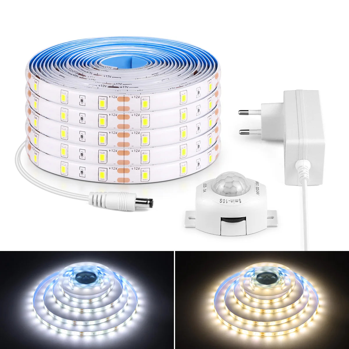Waterproof 2835 LED Strip with 110V 220V to 12V EU US Power Adapter Plug PIR Motion Sensor Switch Ruban LED Under Cabinet Light