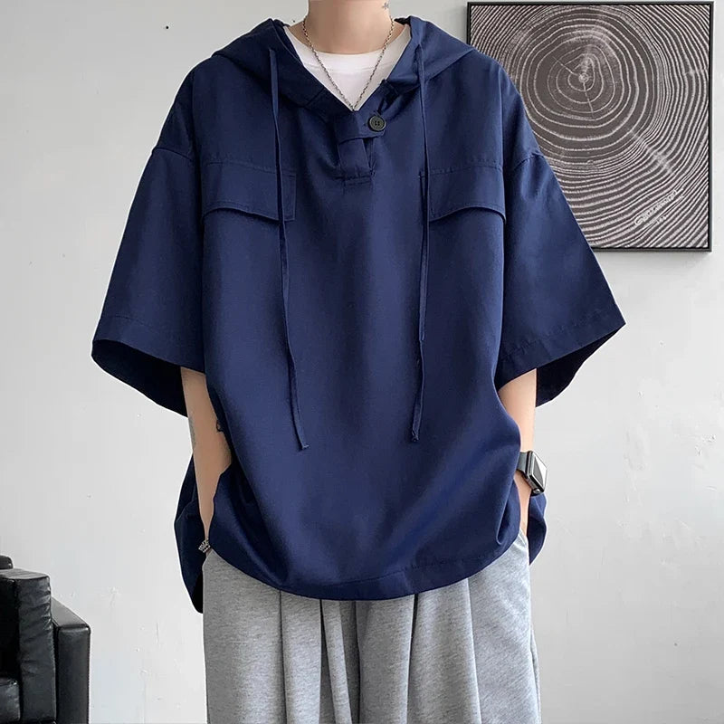 5 Colors Summer Hooded T shirt Men Korean Half Sleeve Pullover Streetwear Loose T-shirt Tops Drawstring Men Clothing