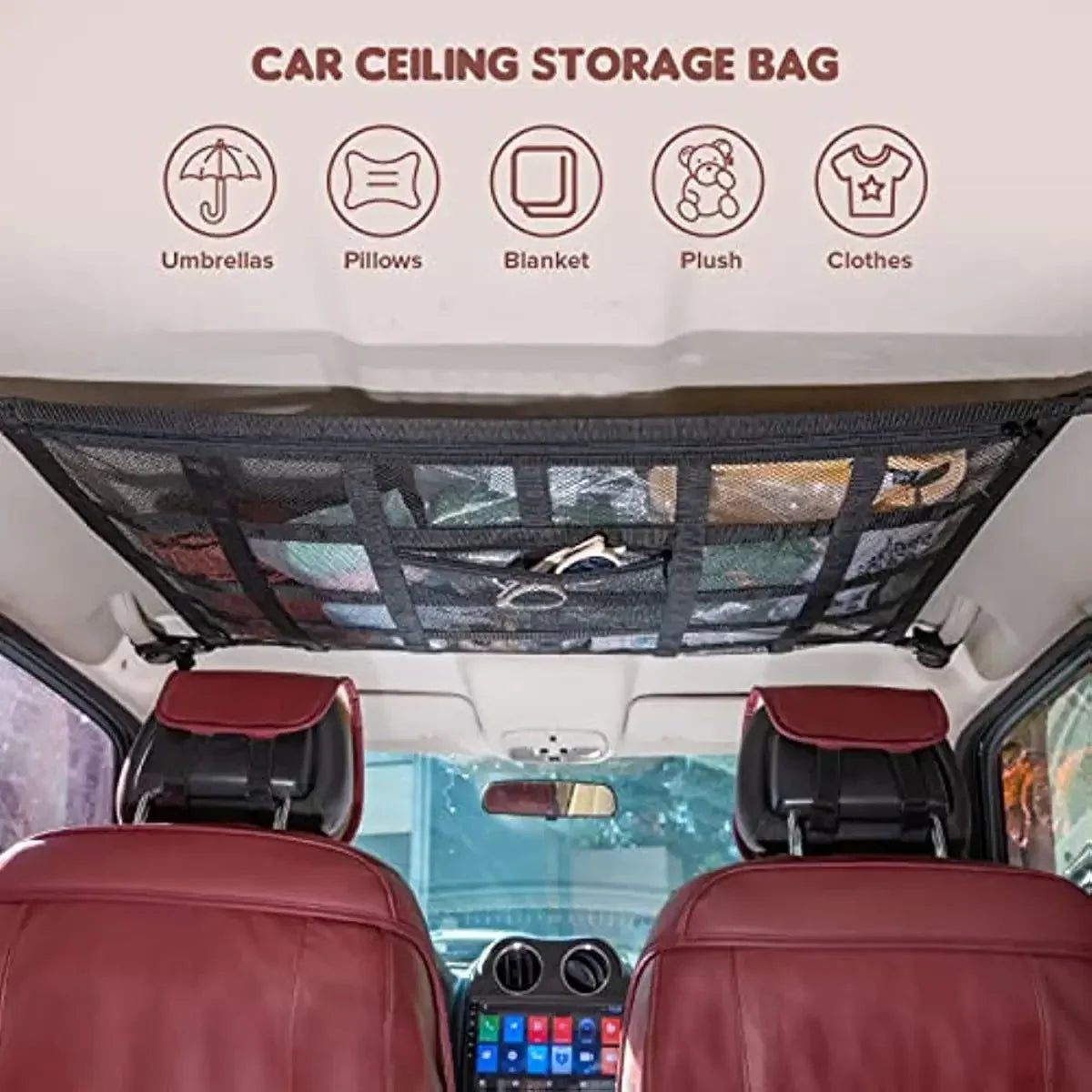 Upgrade Car Ceiling Cargo Net Pocket31.5"x21.6" Strengthen Load-Bearing and Droop Less Double-Layer Mesh  Roof Storage Organizer