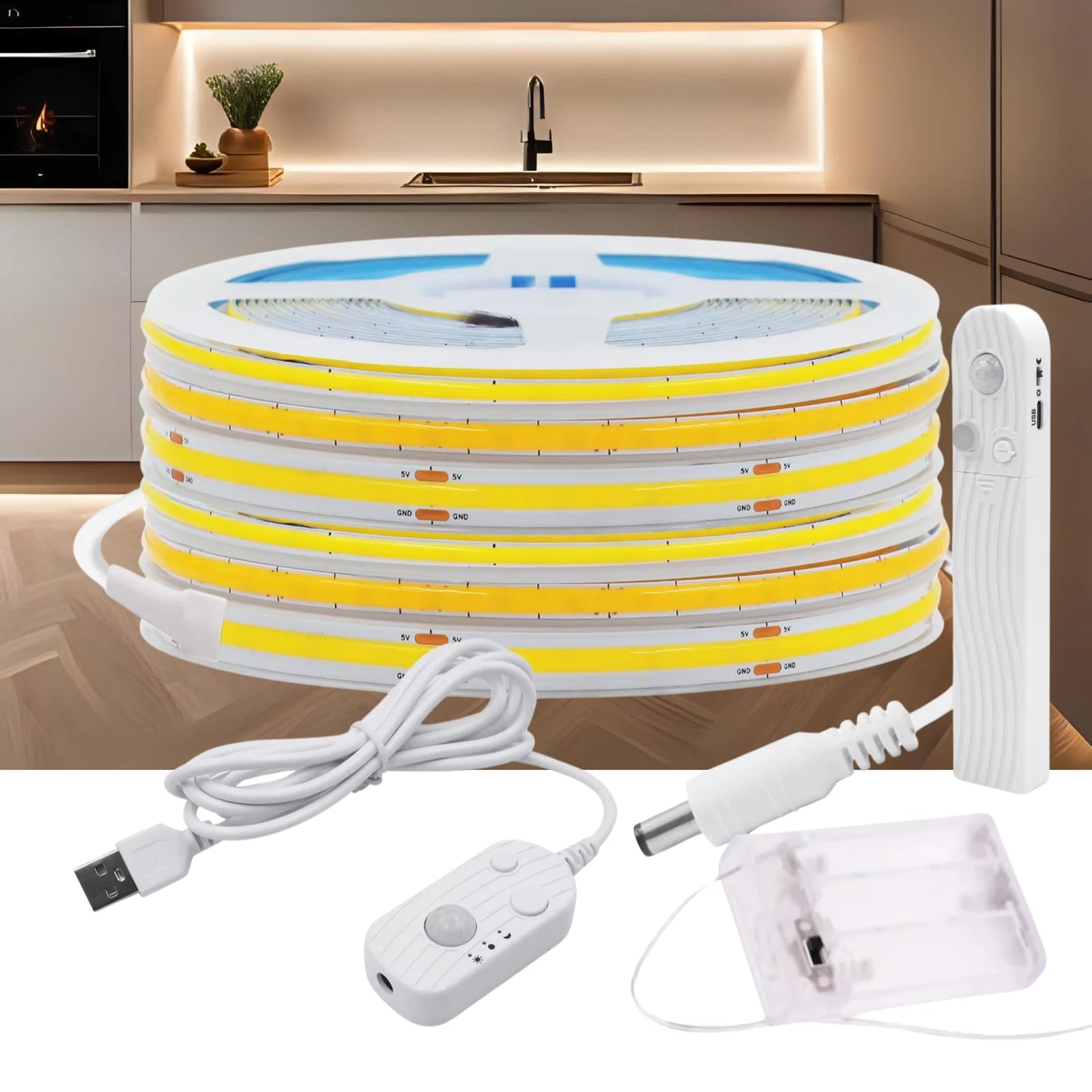 3MM 5MM 8MM COB LED Strip 5V 320LEDs/m PIR Motion Sensor Flexible Tape USB/Battery Powered Under Cabinet Kitchen Lighting Strip