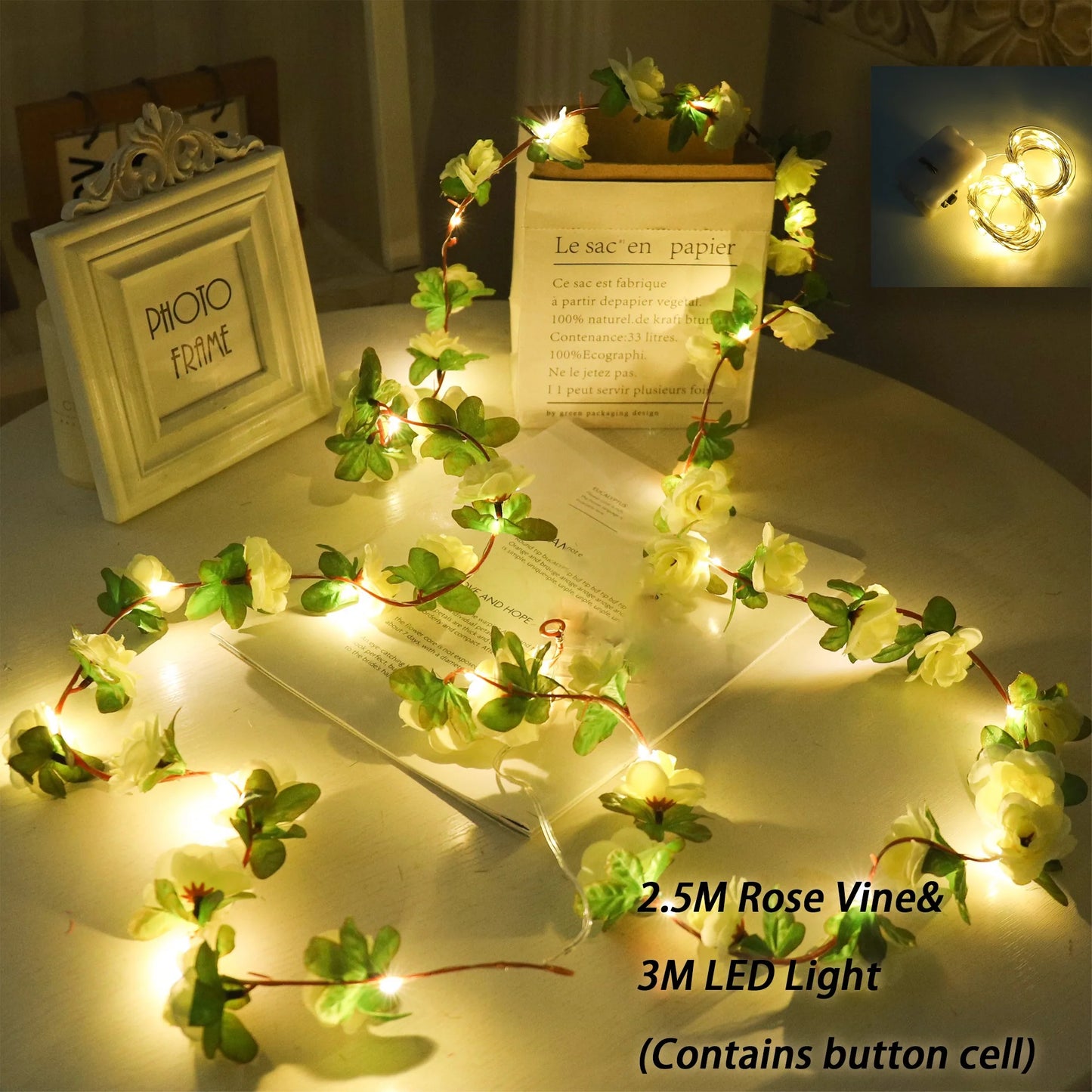 Rose LED Lights String Artificial Flowers Ivy Leaves Wedding Garland Home Room Decoration Arch Hanging Wall Garden Party Decor