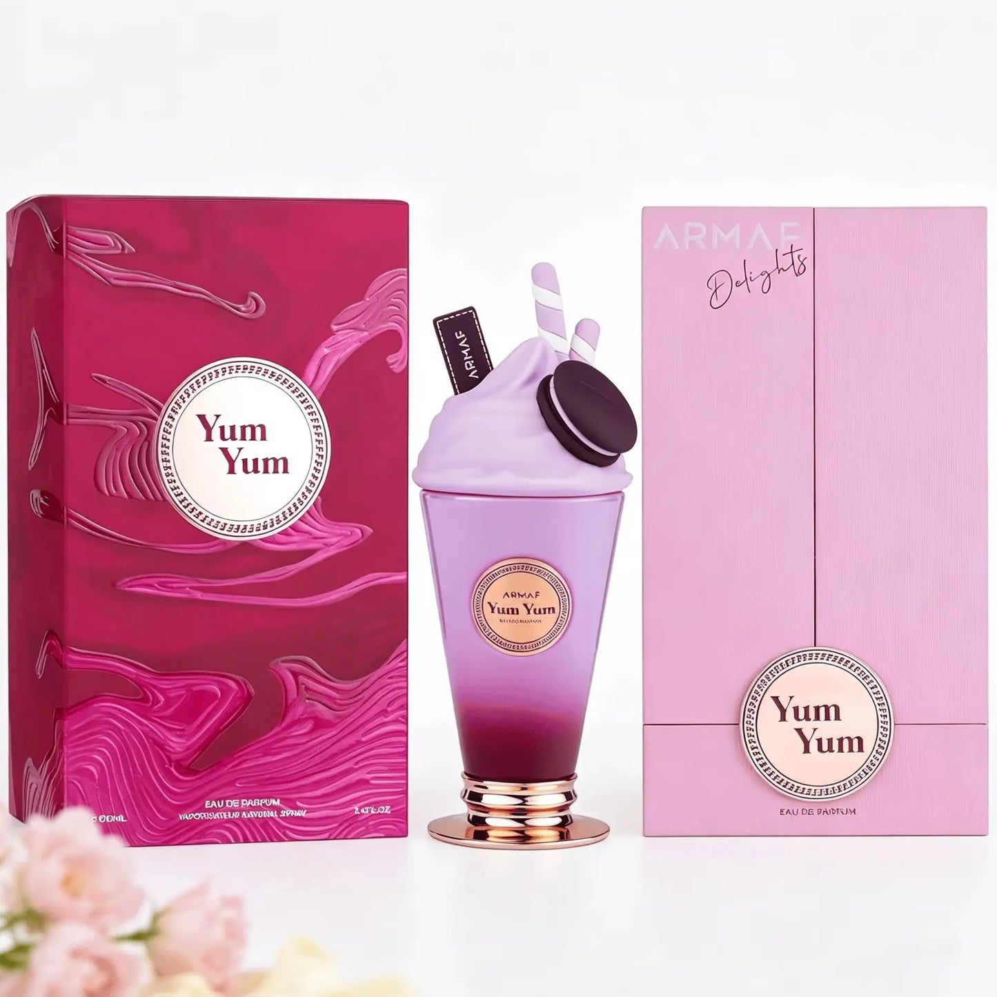 Armaf Yum Yum Eau De Parfum 100ml Unisex Perfume Cute Milkshake Cup Bottle Purple‑Red Gradient Vase Macaron & Wafer Decor Rose‑gold Base Sweet Gourmand Fruity Floral Scent Long Lasting Ladies Fragrance