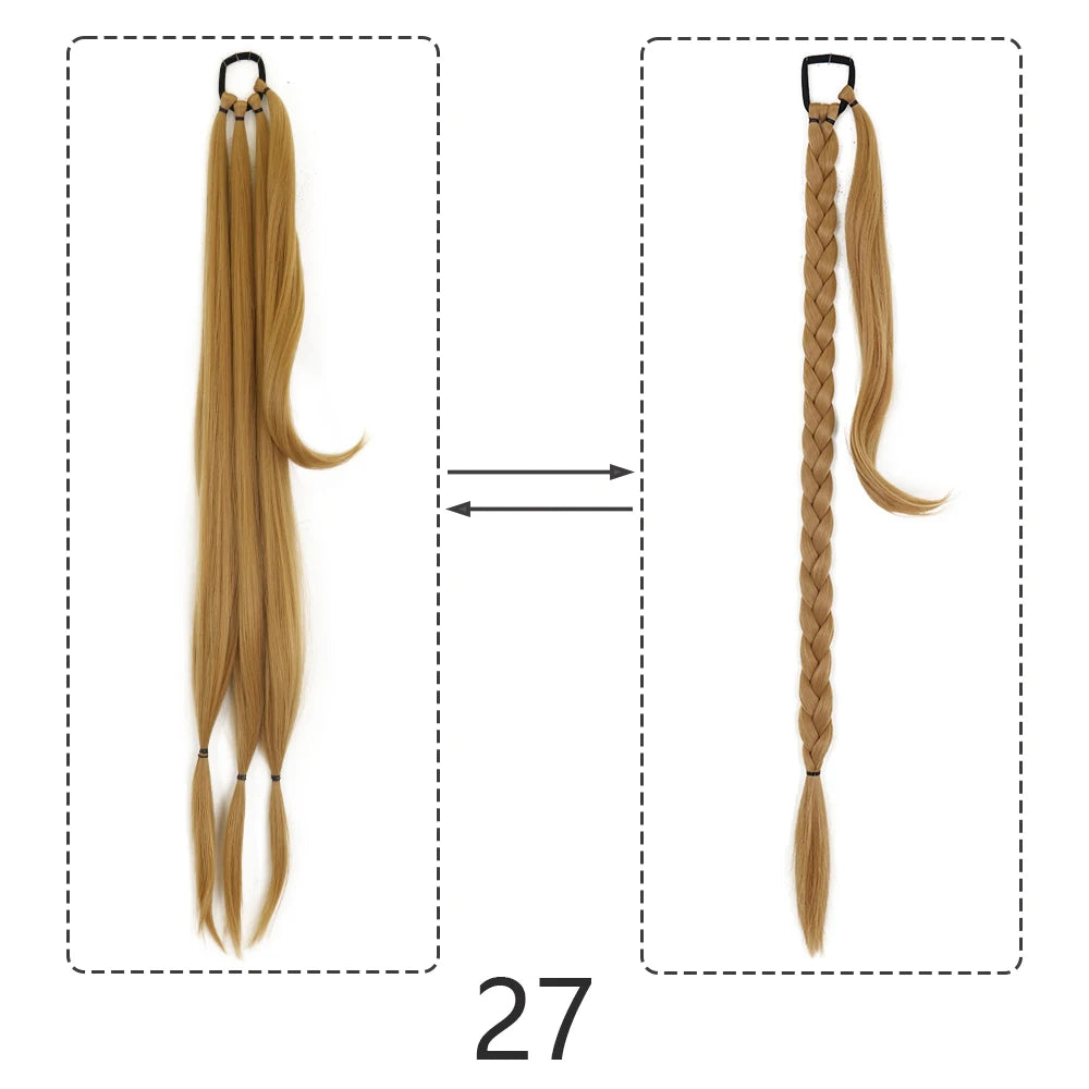 Synthetic Braided Ponytail Extensions Black Natural Hairpiece Long Pony Tail with Hair Tie Rubber Band Hair Blonde for Women