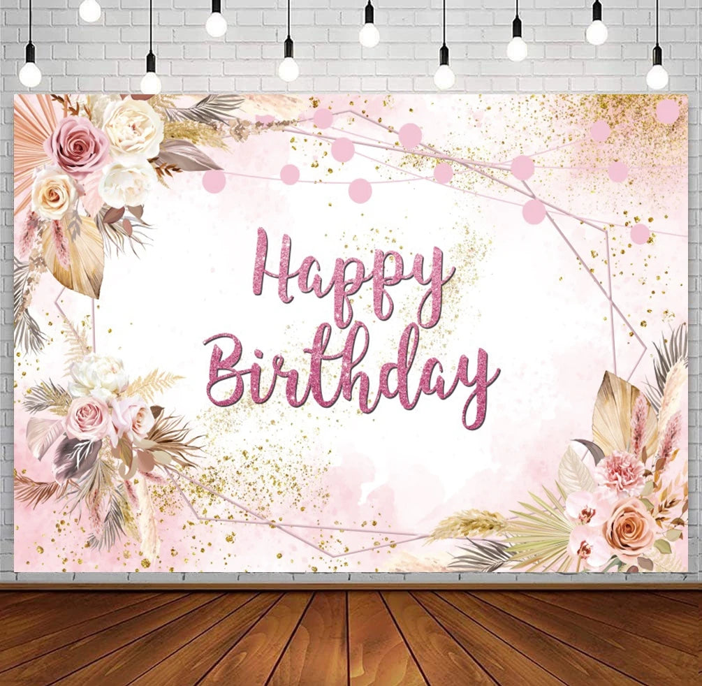 Happy Birthday Backdrop Gold Frame Frame Flower Butterfly Baby Shower Adult Anniversary Birthday Party Photography Background