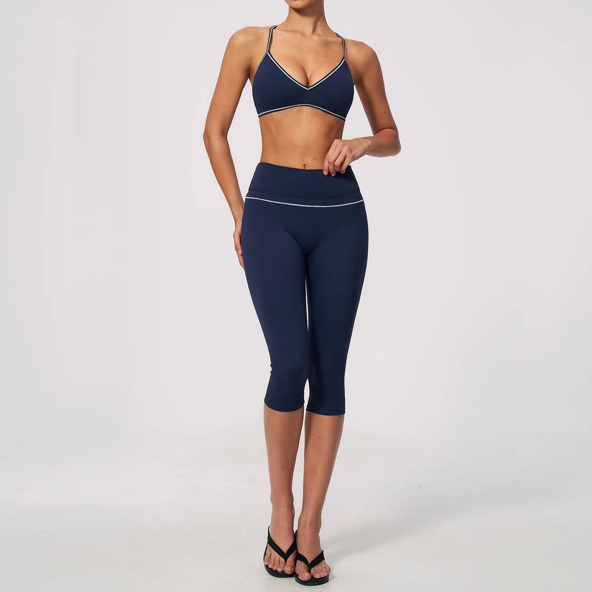 Women 2 Piece Yoga Set V Neck Crop Top and V Back Capri Leggings Butt Lifting Workout Gym Suit Contrast Piping Activewear Female