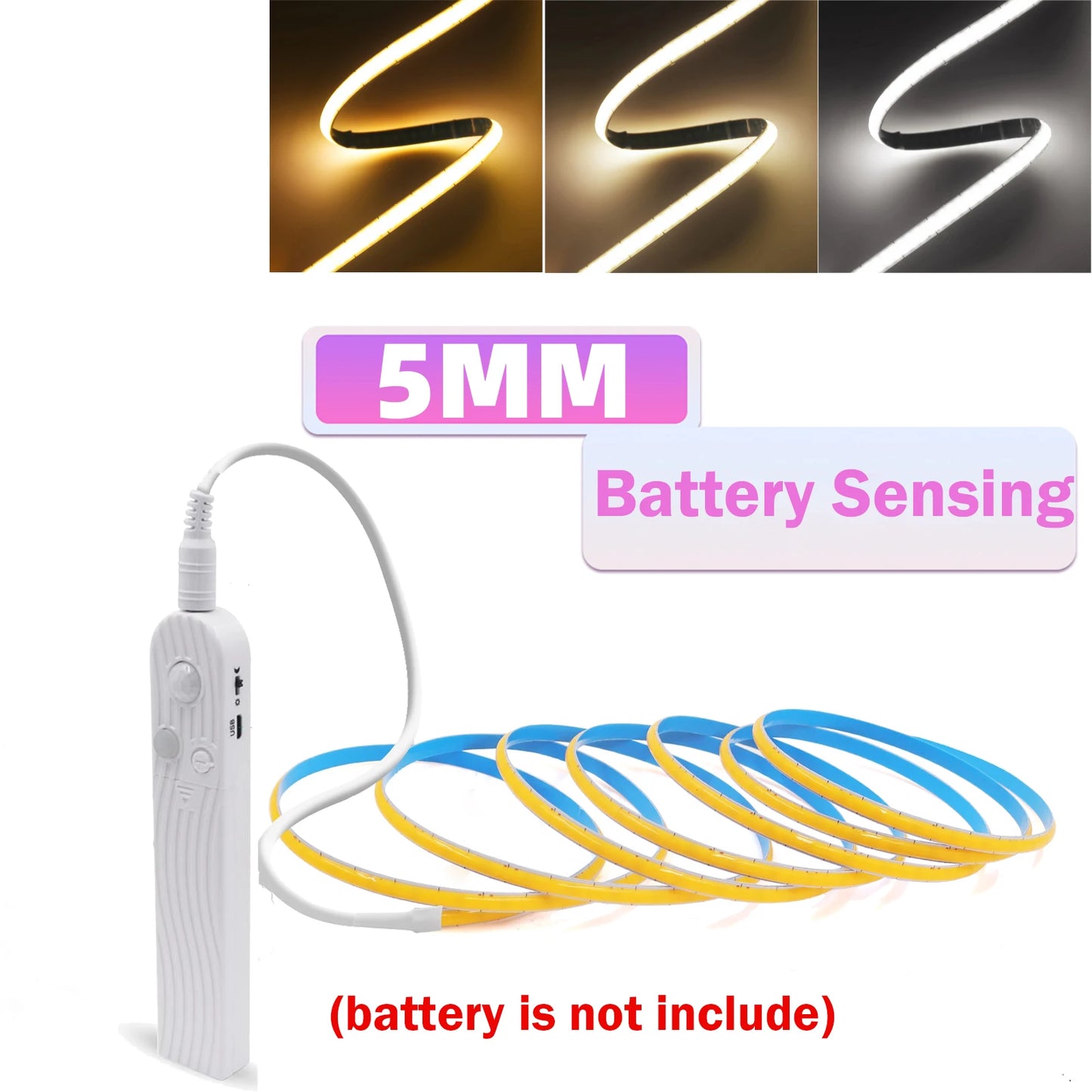 3MM 5MM 8MM COB LED Strip 5V 320LEDs/m PIR Motion Sensor Flexible Tape USB/Battery Powered Under Cabinet Kitchen Lighting Strip