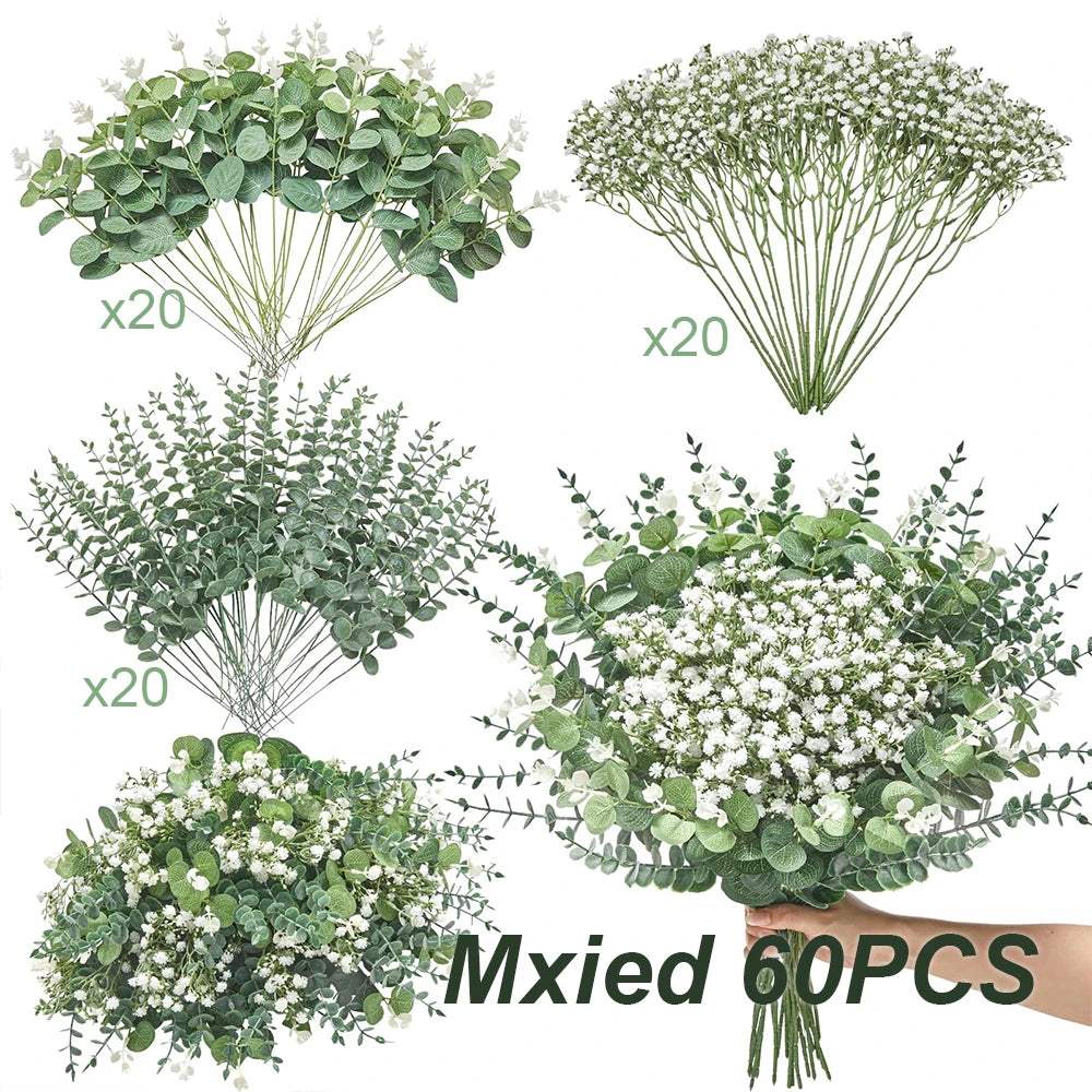 50/90PCS Artificial Flowers Bouquets Mixed Eucalyptus Leaves Willow Silver Eucalyptus Cuttings for Wedding Floral DIY Home Decor