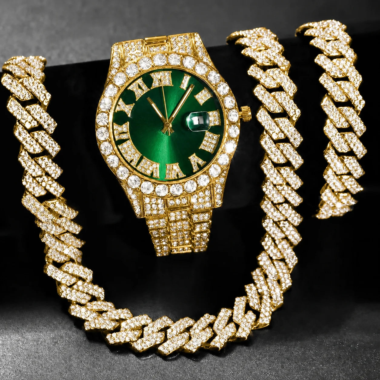 3PCS Hip Hop Iced Out Men's Watch Jewelry Set Luxury Rhinestone Quartz Wristwatch Cuban Link Chain Accessories for Women Gift