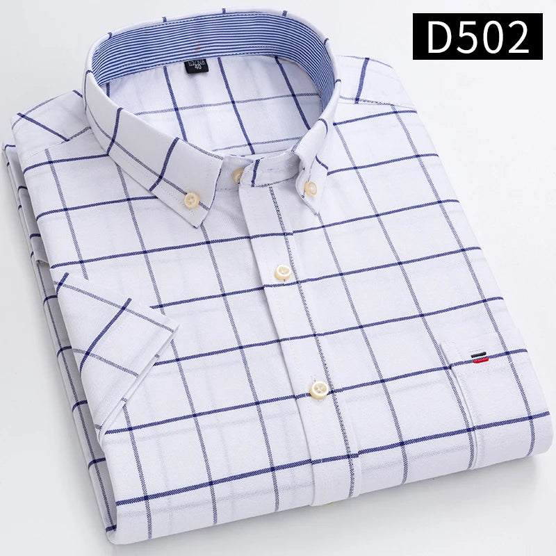 Plus Size 7XL Summer Short Sleeve Shirt 100%Cotton Shirts for Men White Plaid Striped Social Slim Fit Formal Business Clothing
