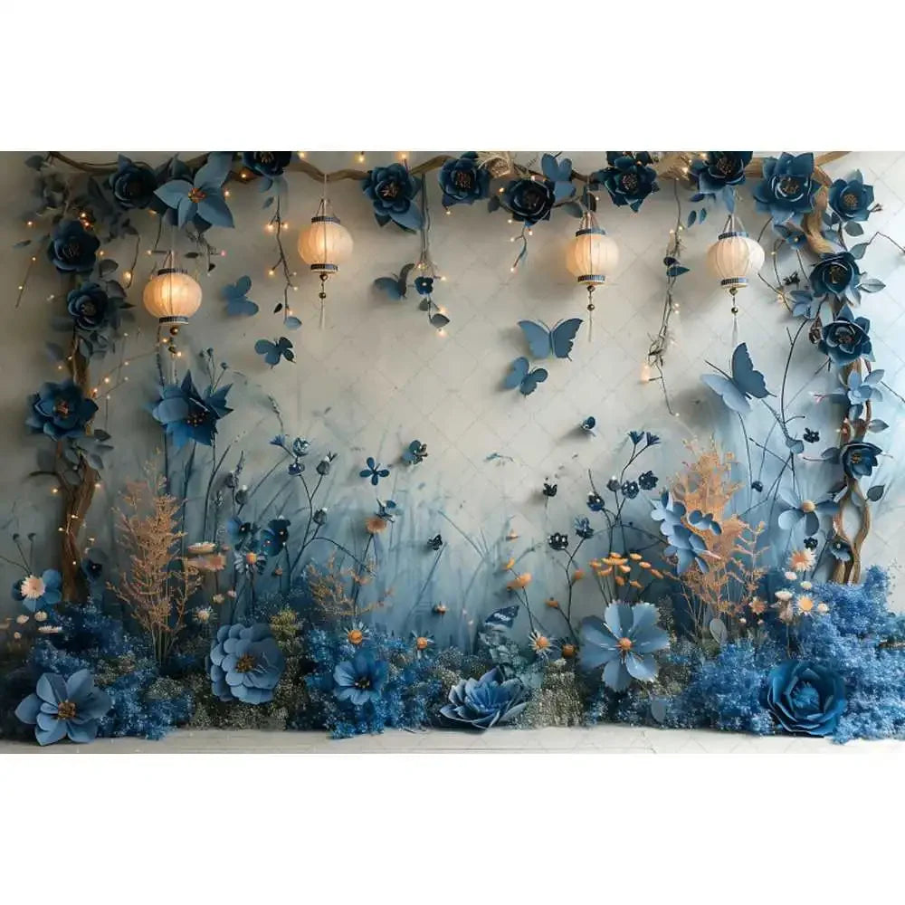 Blue gradual change butterfly wedding photography background custom dream flower portrait photo decoration banner studio supplie