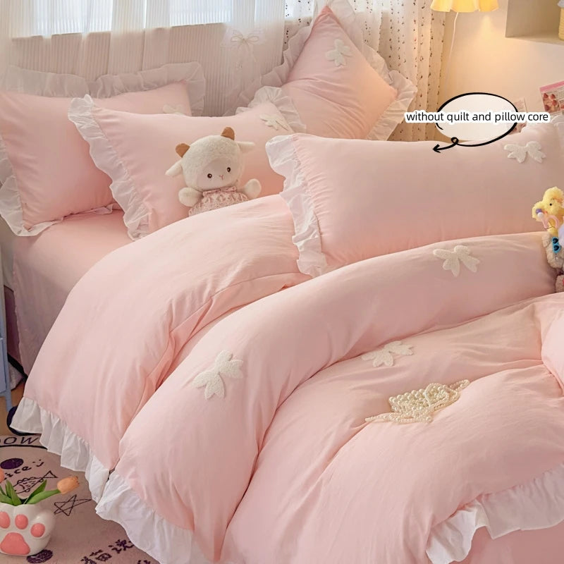 3 Piece Sheet Set  pink bowknot embroidery Quilt Set ， comfortable embroidery  Bedding Set Bedspread for All Season