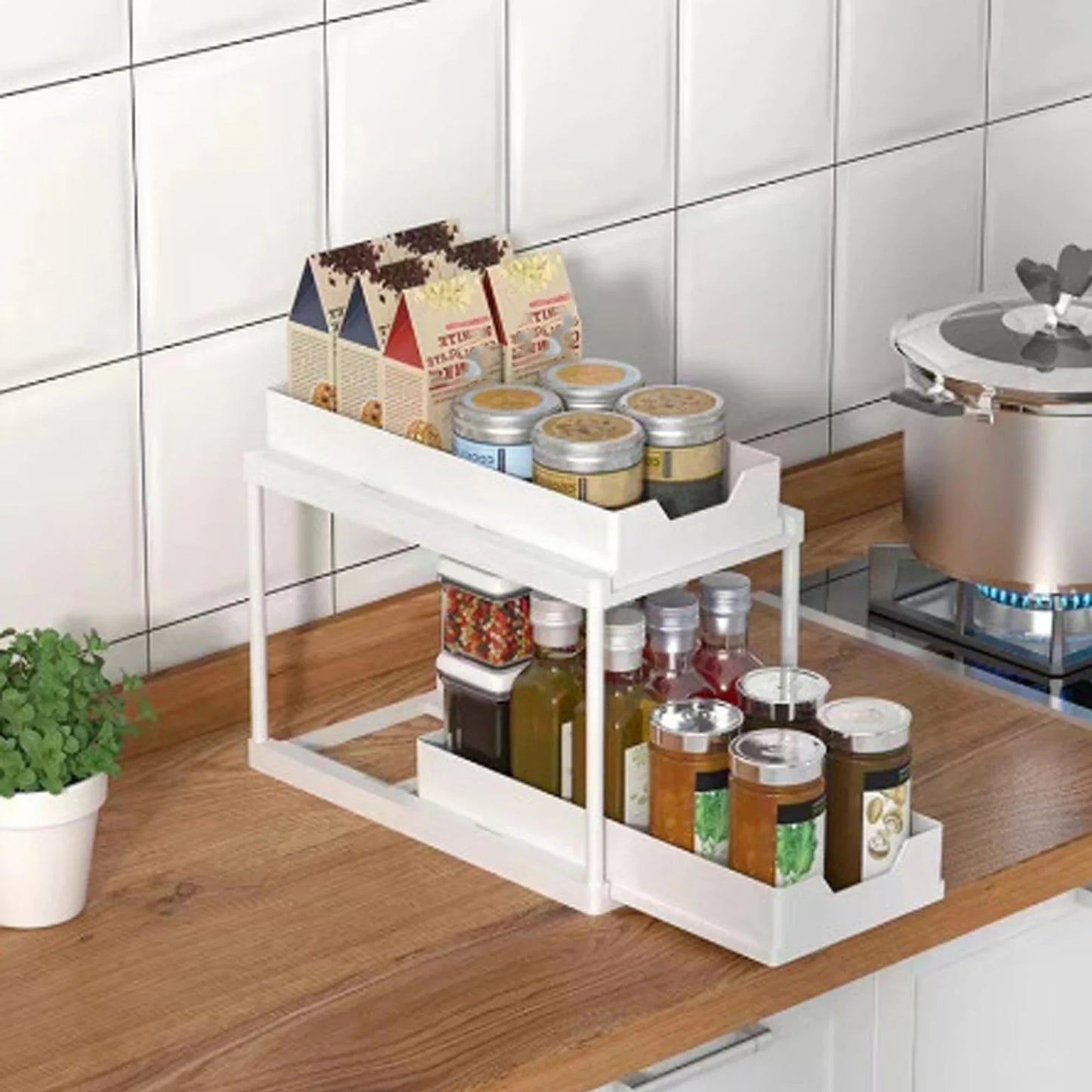 2-Tier Sliding Pull Out Kitchen Storage Rack PP Drawer Organizer for Under Sink Cabinet Bathroom Countertop Space Saving Basket