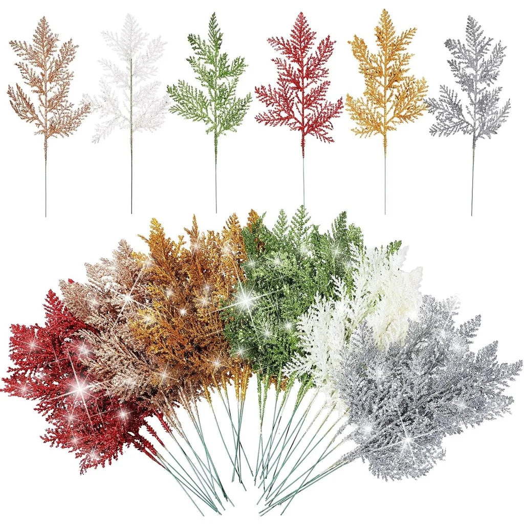 10/20Pcs Glitter Artificial Leaves Bundle Xmas Christmas Tree Decoration Vase Arrangement Home Party DIY Floral Garland Decor