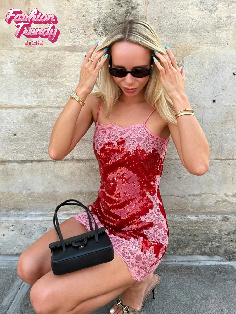 Sexy Sequin Lace Trim Patchwork Short Dress Women V Neck Sleeveless High Waist Mini Sling Dresses 2026 Summer Vacation Lady Robe