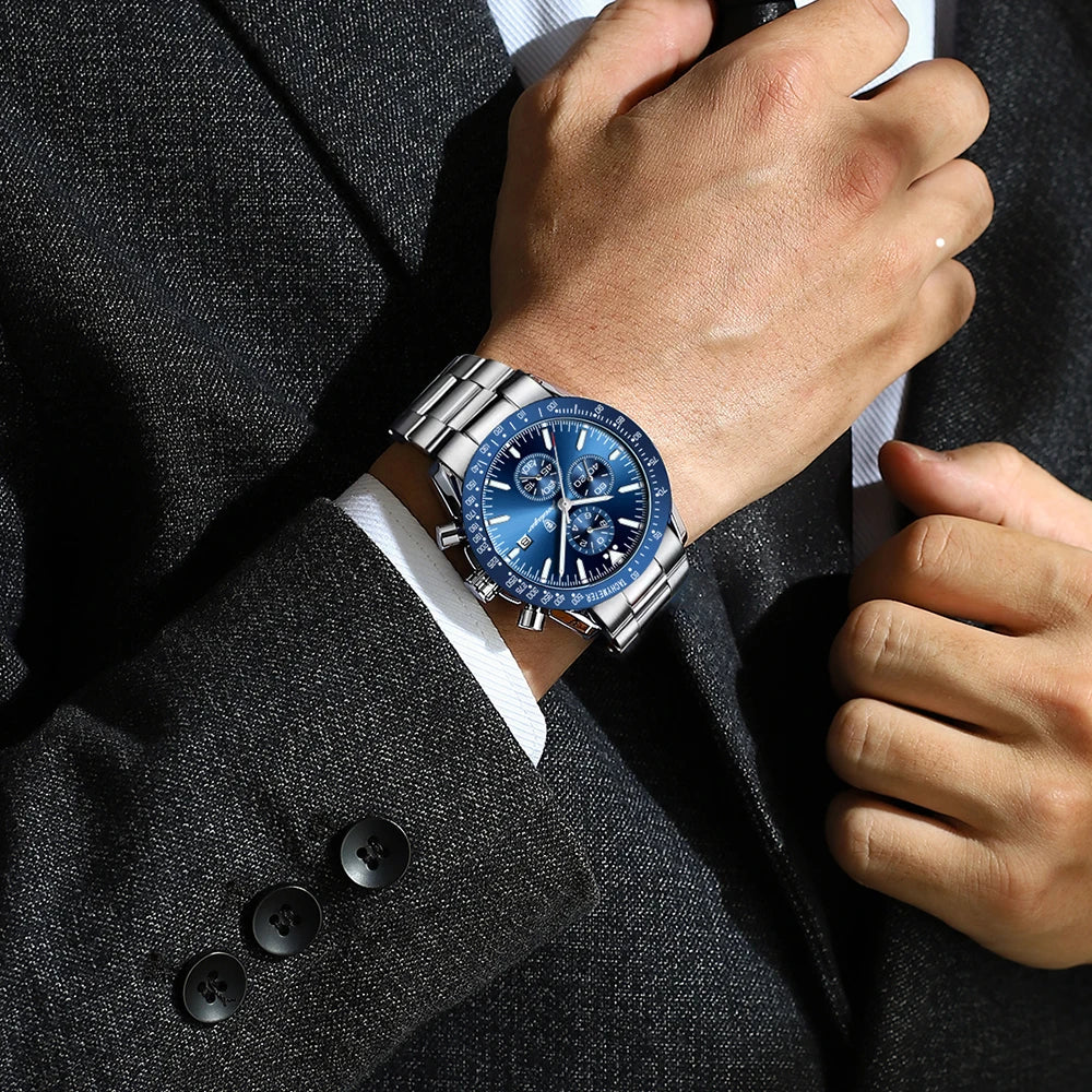 POEDAGAR Luxury Man Watch Chronograph Waterproof Luminous Date Men's Quartz Wristwatch Fashion Sport Stainless Steel Men Watches