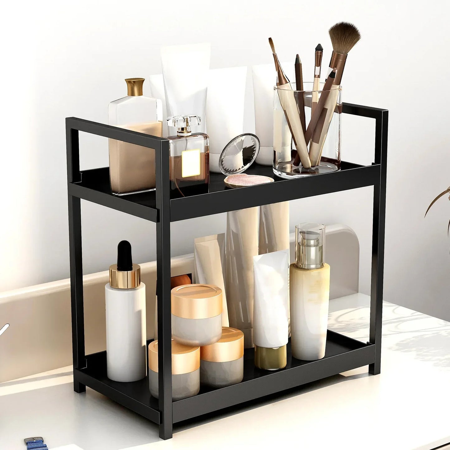 2 Tier Under Sink Organizer Sliding Cabinet Basket Organizer Storage Rack with Hooks Hanging Cup Bathroom Kitchen Organizer