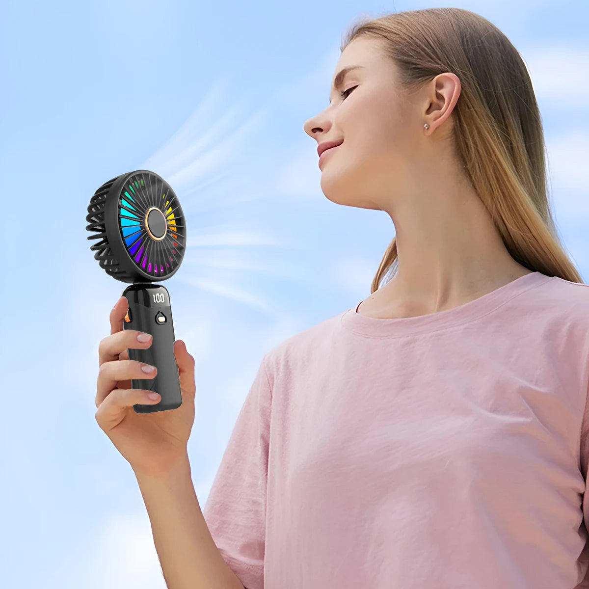 USB Rechargeable Handheld Fan 1200mAh 6 Speeds Foldable LED Light Blade Portable Mini Fan Personal Cooler for Home Gift