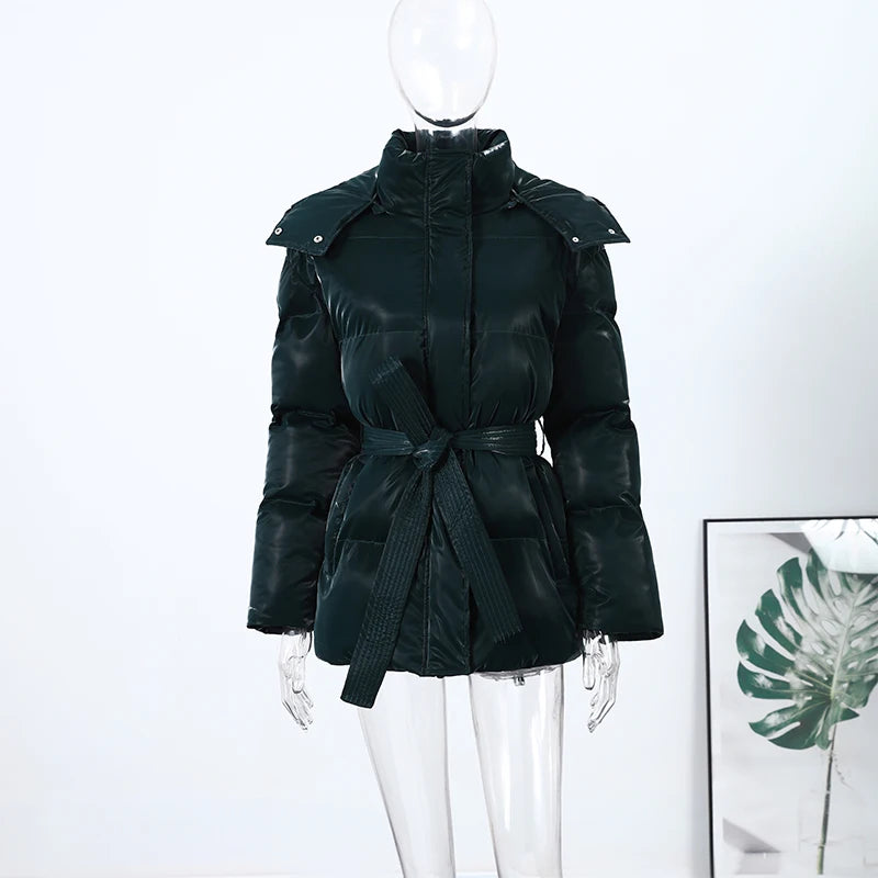 Warm Glossy Hooded Lace-up Cotton Coats Women's Casual Zipper Bottons Belted Overcoat 2026 Winter New Female Solid Streetwear
