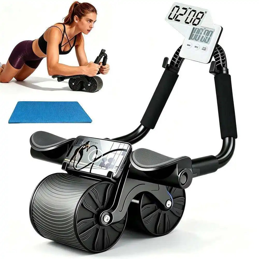 2-Wheel Dual Abdominal Roller with Soft Elbow Rests, Digital Counter, Phone Mount, Foldable Quiet Core Trainer, Portable Travel Fitness Equipment for New Gym Starters, Mini Strength Sports Supply