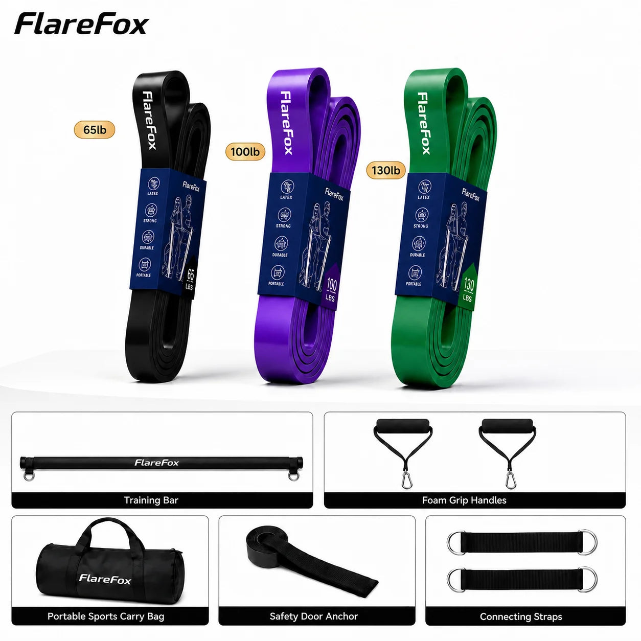 FlareFox Adjustable Multi Resistance Bands Push-pull Rod Pull-Up Assist Strap Strength Training Home Gym Equipment Workout Kit