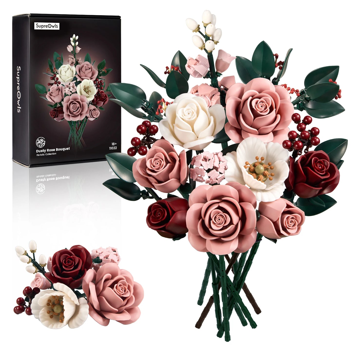 Pink Roses Bouquet Building Set Artificial Flowers Plants Home Office Room Decor Valentines Day Christmas Gifts for Adults Women