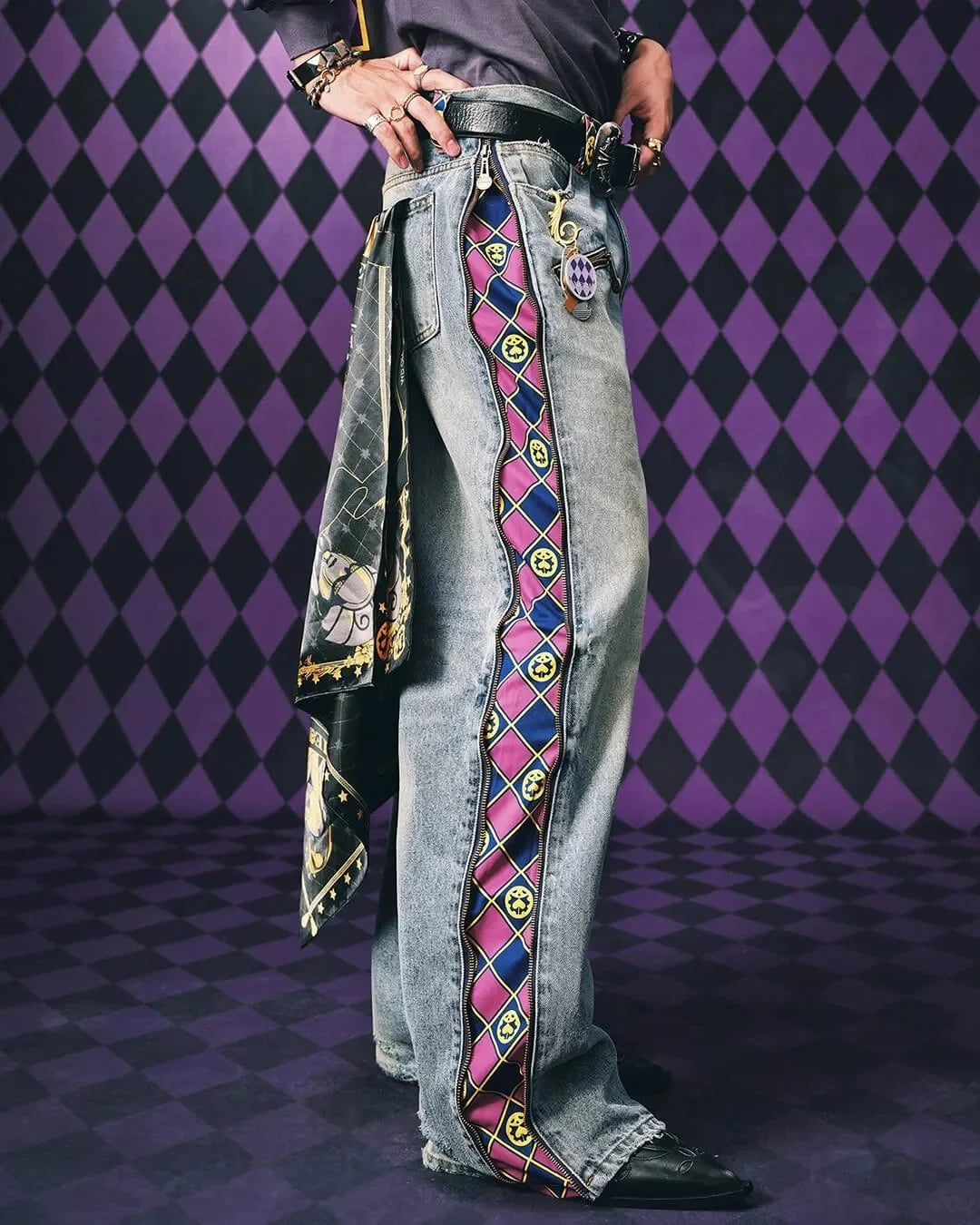 JoJo Anime Zip Off Panel Jeans Men Women High Waist Wide Leg Detachable Print Denim Pants Purple Gold Patchwork Straight Jeans