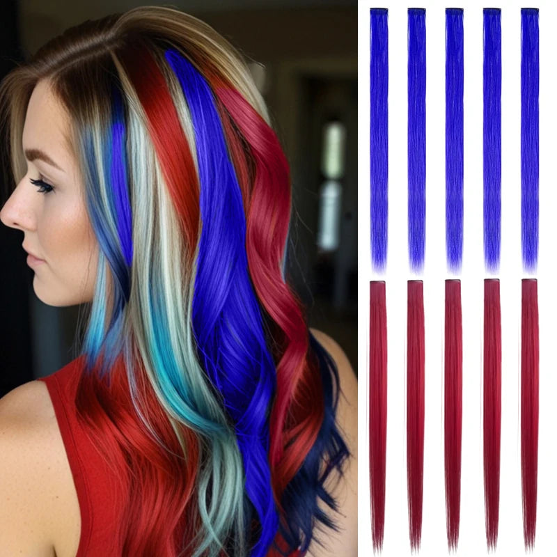 10PCS Hair Extensions Clip in -24 inch Colorful Hair Extensions Party Highlights Long Straight Synthetic Wigs,Suitable for Girl
