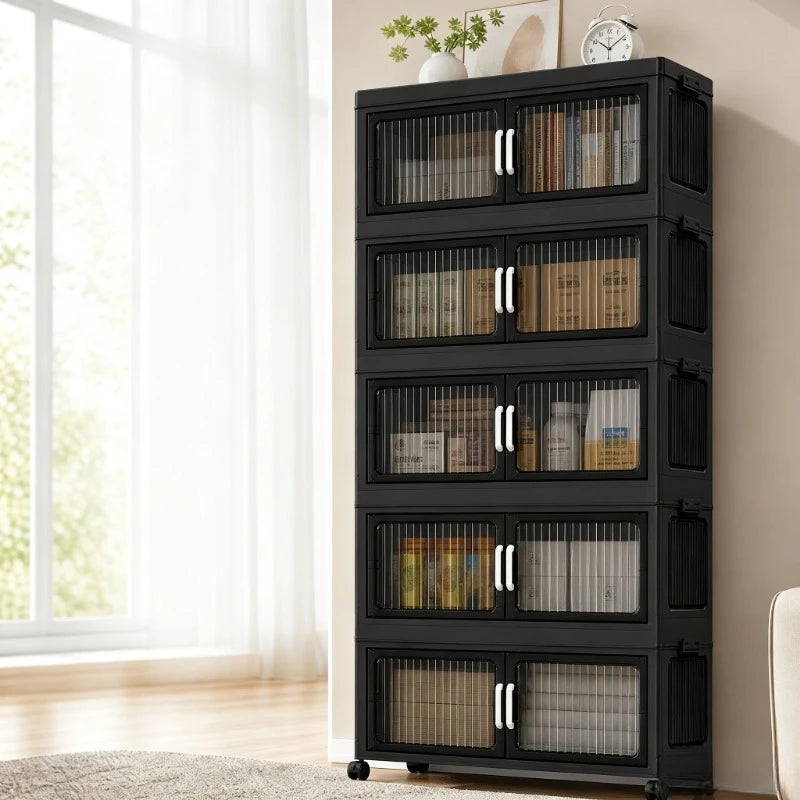 5‑Tier Stackable Plastic Storage Cabinet with Wheels, Foldable Storage Organizer with Transparent Flip‑Door, Multi‑Layer Portable Closet Organizer for Bedroom Living Room Home